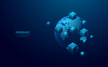 Abstract Digital 3D Blockchain Icon On Technology Globe Earth Background. Hologram Of Linked Blocks In Space In Low Poly Wireframe Futuristic Style. Modern Blue Polygonal Vector Illustration.