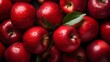 © Taha - Red apples with leaves, closeup with top view, Red apple patterns, Top view of bright ripe fragrant red apples with water drops as background