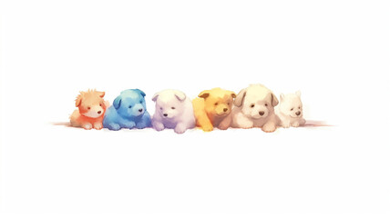 Wall Mural - multicolored watercolor puppies on a white background.