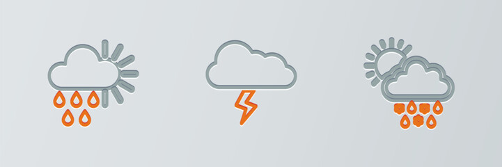 Sticker - Set line Cloud with snow, rain, sun, Cloudy and and Storm icon. Vector