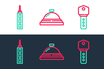 Poster - Set line House key, Skyscraper and Hotel service bell icon. Vector