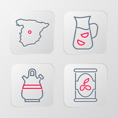 Poster - Set line Olives in can, Sangria pitcher, and Map of Spain icon. Vector