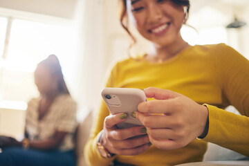 Poster - Phone, networking and closeup of woman browsing on social media, mobile app or the internet. Technology, communication and closeup of a female person typing a text message on a cellphone at home.