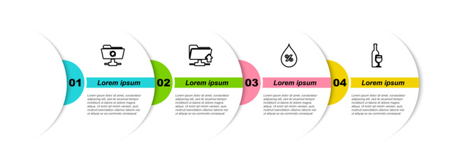 Poster - Set line FTP sync refresh, folder upload, Water drop percentage and Wine bottle with glass. Business infographic template. Vector