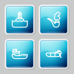 Canvas Print - Set line Floating buoy, Smoking pipe, Cargo ship and Inflatable boat with motor icon. Vector