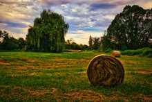 Strohballen - Heuballen - Heu - Stroh - Bales Of Hay - Field - Harvest - Summer - Straw - Farmland - Blue Cloudy Sky - Golden - Beautiful - Freshly - Countryside - Haystacks - Harvesting - Background