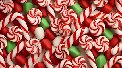 Christmas lollipops and caramel candies close-up. Holiday banner. Selective focus.