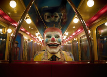 A Terrifying Clown In A Wagon In A Circus In A Cinematic Style,  Concept Of Horror And Fear