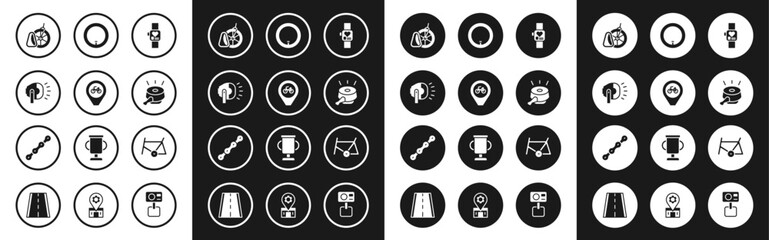 Poster - Set Smart watch, Location with bicycle, Bicycle head lamp, parking, bell, wheel, frame and chain icon. Vector