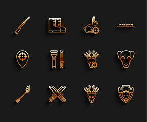 Sticker - Set line Flame arrow, Crossed hunter knife, Hunting gun, Deer head with antlers, Moose on shield, Flashlight and, dog and deer crosshairs icon. Vector