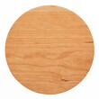 Round cherry wood pallet. Round wooden cutting board. Empty tray overhead shot textured background. Cutting board isolated on white background