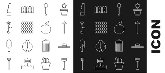 Sticker - Set line Garden rake, Worker hat, Hammer, Shovel, fence wooden, Grass and weed electric string trimmer, saw and Apple icon. Vector