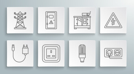 Canvas Print - Set line Charger, Electrical cabinet, outlet, LED light bulb, Diesel power generator, High voltage sign and pole line icon. Vector