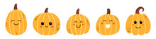 Vector Cute Halloween Or Thanksgiving Pumpkin Set. Collection Of Kawaii Happy Halloween Pumpkins. Laughing Pumpkins With Cute Faces. Funny Smiling Pumpkins For Halloween Or Thanksgiving Celebration.