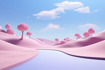 in the middle of pink landscape, there is a road and clouds 3d scene, in the style of futuristic chromatic waves, light violet and beige, smooth curves, realistic blue skies