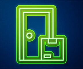 Canvas Print - Glowing neon line Home delivery services icon isolated on blue background. Vector