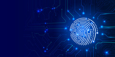 Fototapete - Technology futuristic cyber security with fingerprint scanning on circuit board data communication or transferring concept vector background.