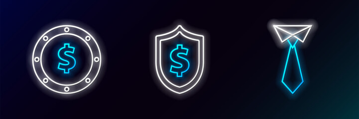 Wall Mural - Set line Tie, Coin money with dollar symbol and Shield icon. Glowing neon. Vector