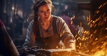 Female Blacksmith Forging Metal, Sparks Flying.