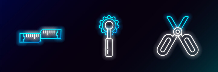 Sticker - Set line Scissors, Tape measure and Cutter tool icon. Glowing neon. Vector