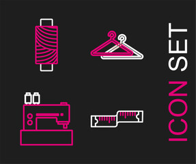 Sticker - Set line Tape measure, Sewing machine, Hanger wardrobe and thread on spool icon. Vector