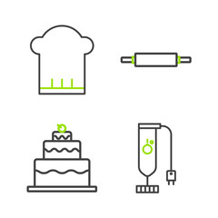 Canvas Print - Set line Blender, Cake, Rolling pin and Chef hat icon. Vector