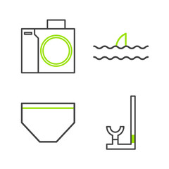 Sticker - Set line Snorkel, Swimming trunks, Shark fin ocean wave and Photo camera for diver icon. Vector