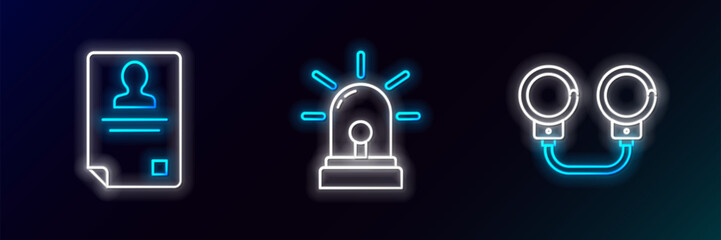 Poster - Set line Handcuffs, Identification badge and Flasher siren icon. Glowing neon. Vector