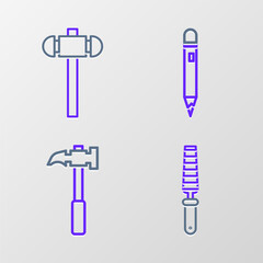 Poster - Set line Chisel tool for wood, Claw hammer, Pencil with eraser and Sledgehammer icon. Vector