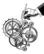 Creation of a gear mechanism. A hand with a pencil and cogwheels of a clockwork mechanism. White and black linear gears with a hole in a flat style on a white background. Vector illustration