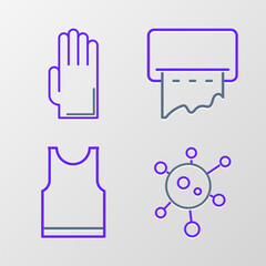 Sticker - Set line Virus, Sleeveless T-shirt, Paper towel dispenser on wall and Rubber gloves icon. Vector