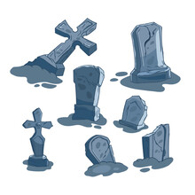 Isolated Cartoon Tombstones. Broken Cemetery Crosses And Gravestones. Scary Gothic Graveyard. Ancient Crypt Arts. Blue Granite Tombs