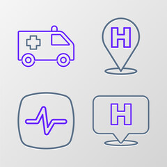 Poster - Set line Location hospital, Heart rate, and Ambulance car icon. Vector