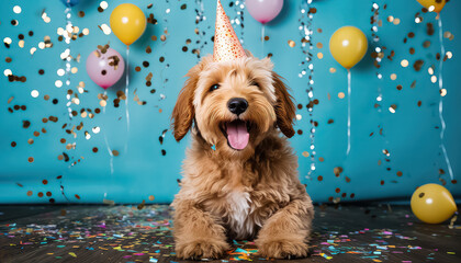 Wall Mural - golden doodle puppy enjoying a happy birthday