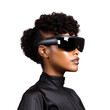 © TimeaPeter - Attractive african american woman wearing VR glasses, augmented reality glasses. Isolated on transparent background