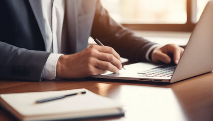 Wall Mural - close up businessman working on laptop on table