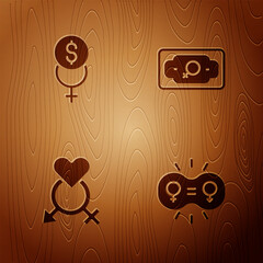 Sticker - Set Gender equality, Feminism finance, and Money growth woman on wooden background. Vector