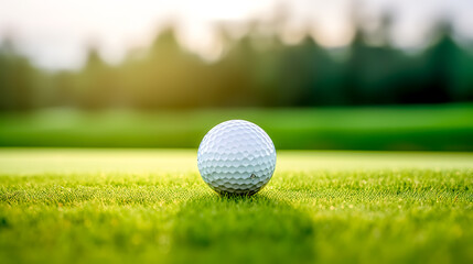 Wall Mural - golf ball on a green grass field in nature, sunny day