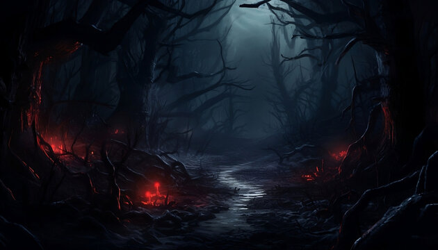 spooky glowing red lights in the forest