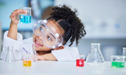 science, eduction and smile with child in laboratory for experiment, learning and research. future, 