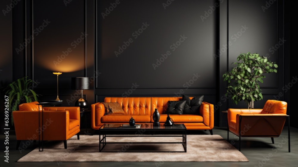 large living room with modern interior design with orange leather sofas ...