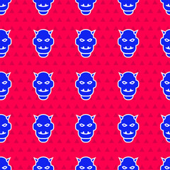 Wall Mural - Blue Mask of the devil with horns icon isolated seamless pattern on red background. Vector