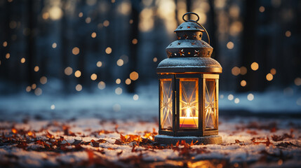 Christmas glowing lantern stands on snowy ground against bokeh of holiday lights, view from ground plane, copy space.