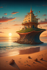 Wall Mural - Beach landscape with sunset view, generative AI