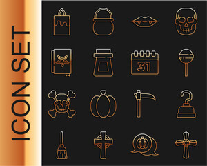 Wall Mural - Set line Tombstone with cross, Pirate hook, Lollipop, Vampire teeth, Bottle potion, Ancient magic book, Burning candle and Calendar Halloween icon. Vector