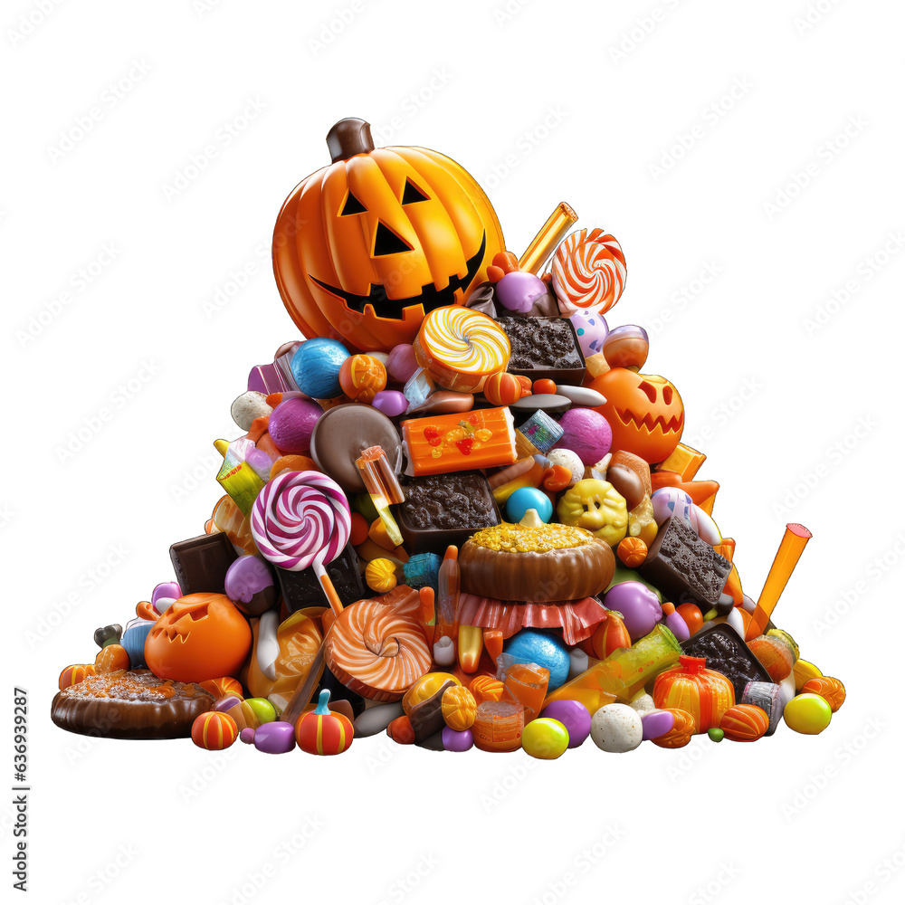 Pile of Halloween candy isolated on white transparent background, png, 3d