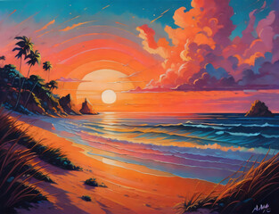 Wall Mural - Beach landscape with sunset view, generative AI