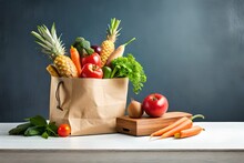 Healthy Food Background. Healthy Vegan Vegetarian Food In Paper Bag Vegetables And Fruits On White, Copy Space, Banner