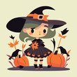 cartoon witch girl and crows on halloween pumpkins