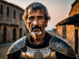 photo of strong ancient senior male warrior with roman armor stained, generative AI